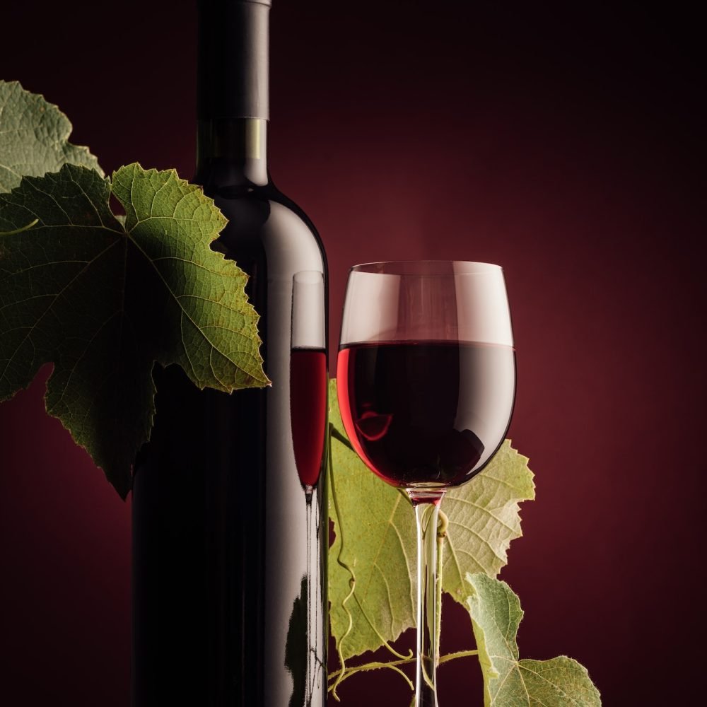 Red wine bottle and wineglass